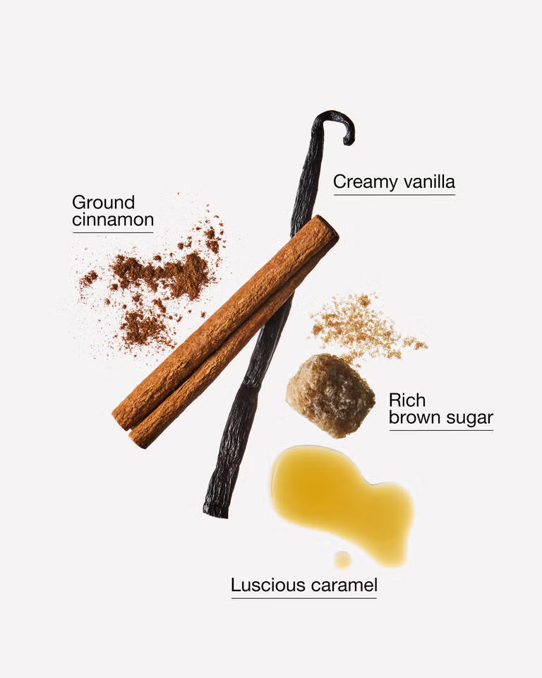 Four ingredients labeled 'Ground cinnamon', 'Creamy vanilla', 'Rich brown sugar', and 'Luscious caramel' arranged on a light gray background. The cinnamon sticks and ground cinnamon are brown, the vanilla is dark brown-black, the sugar is tan-brown, and the caramel is golden yellow. Purchase from www.americanbodycare.co.uk