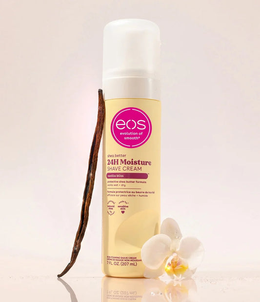 EOS 24H Moisture Shave Cream bottle with vanilla bean and orchid on a light background. Purchase from americanbodycare.co.uk