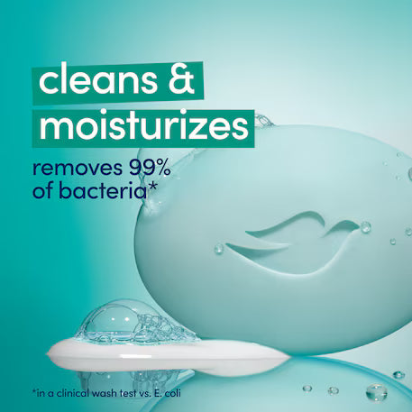A teal and aqua skincare ad showing a rounded soap bar with a dove cutout, water droplets, and text reading 'cleans & moisturizes' and 'removes 99% of bacteria'. Purchase from www.americanbodycare.co.uk