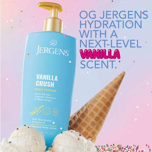 Jergens Vanilla Crush lotion with ice cream cone and ice cream. Purchase from americanbodycare.co.uk