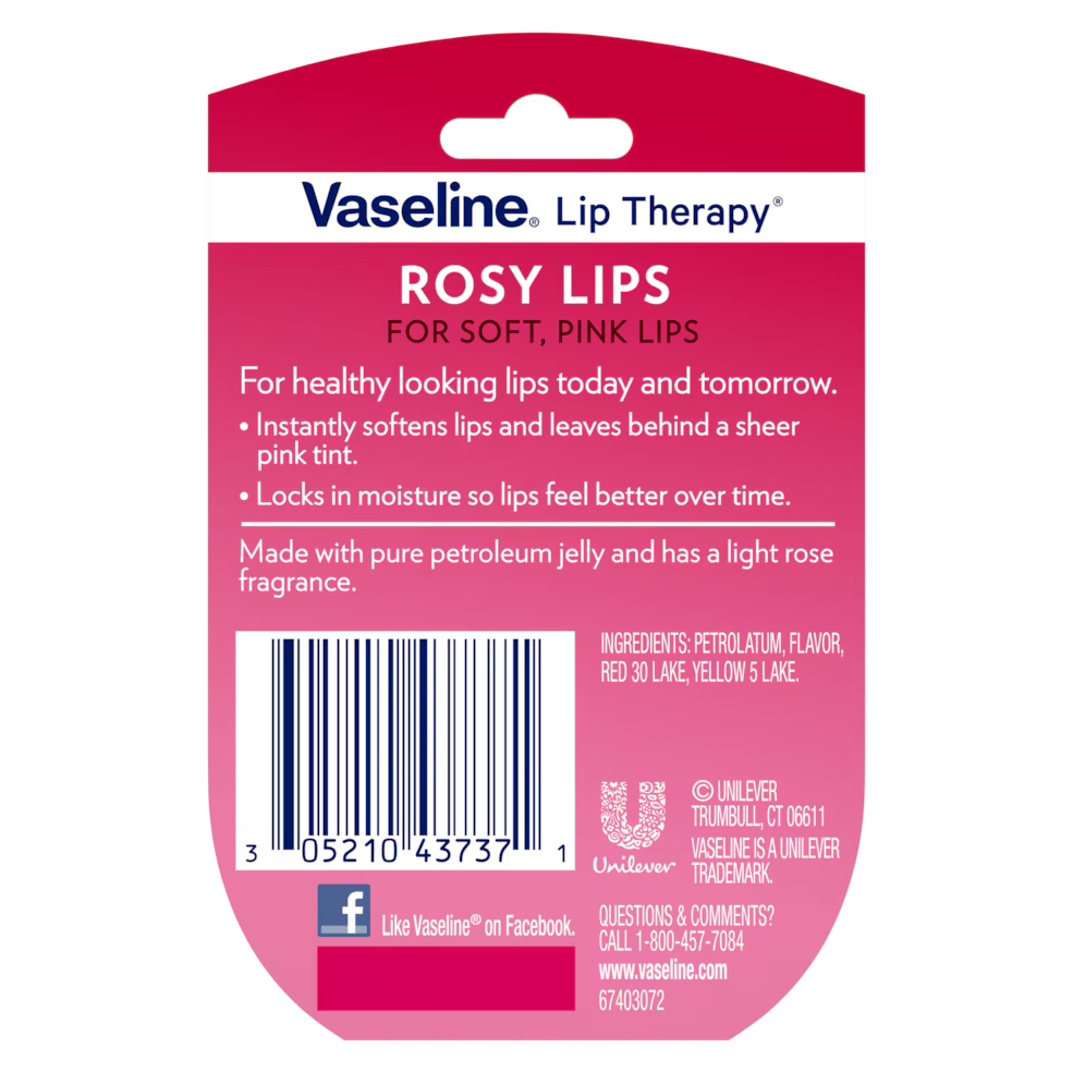Vaseline Lip Therapy Rosy Lips packaging with product details and branding. Purchase from americanbodycare.co.uk