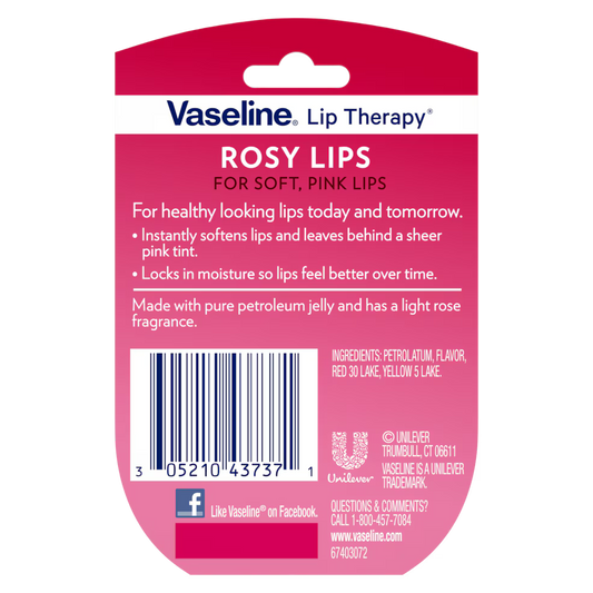Vaseline Lip Therapy Rosy Lips packaging with product details and branding. Purchase from americanbodycare.co.uk