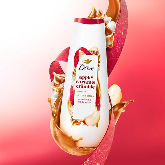 Dove Apple Caramel Crumble body wash bottle with swirling caramel and apple elements on a red background. Purchase from americanbodycare.co.uk