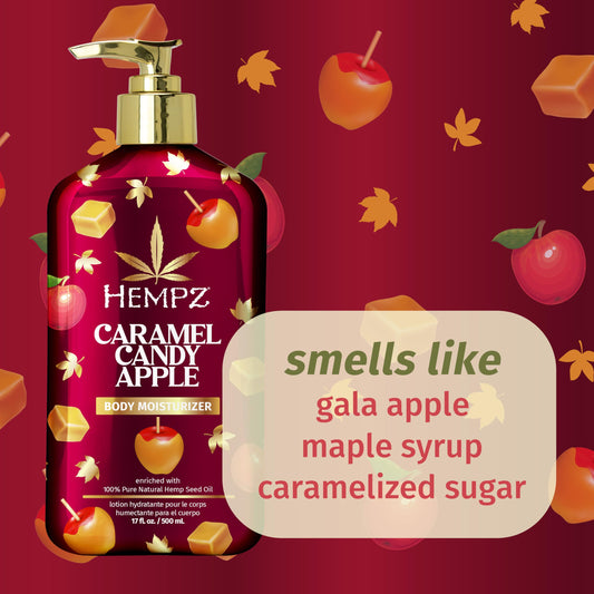 Hempz Caramel Candy Apple body moisturizer bottle on a red background with apple and candy decorations. www.americanbodycare.co.uk