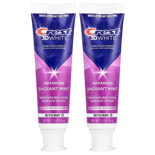 Two tubes of Crest 3D White Advanced Radiant Mint toothpaste on a white background. Purchase from www.americanbodycare.co.uk