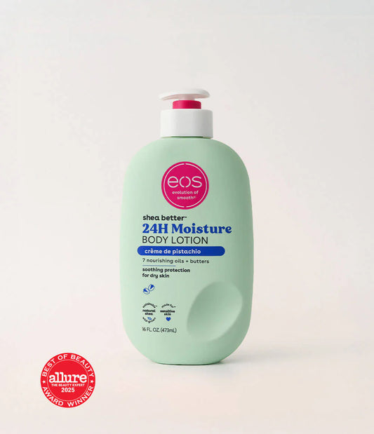 Green bottle of eos 24H Moisture Body Lotion on a white background with Allure Best of Beauty 2025 award badge. purchase from www.americanbodycare.co.uk