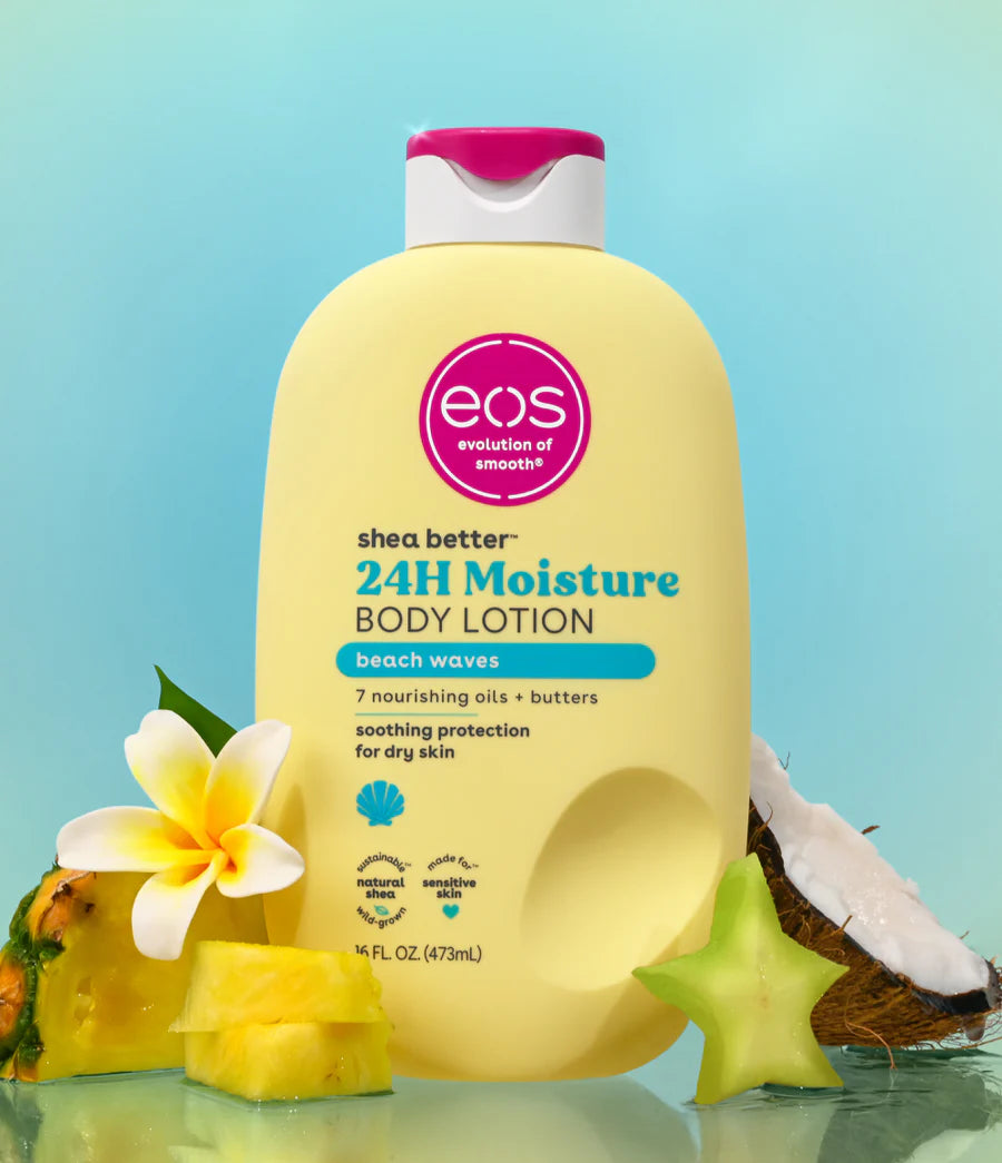 Yellow bottle of eos 24H Moisture Body Lotion with beach-themed design on a blue background. Purchase from www.americanbodycare.co.uk