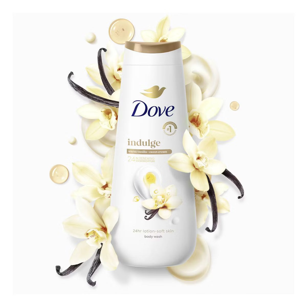 Dove Indulge body wash bottle with vanilla flowers and vanilla beans on a white background. Purchase from americanbodycare.co.uk
