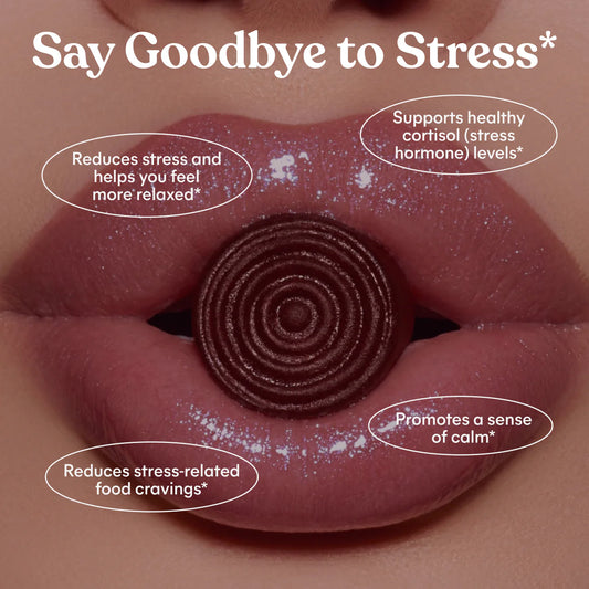 Chocolate candy in lips with health benefits text on a brown background. Purchase from americanbodycare.co.uk