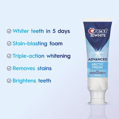 Crest 3D White Advanced Arctic Fresh toothpaste tube with product benefits on a light blue background. Purchase from americanbodycare.co.uk