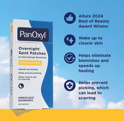 PanOxyl Overnight Spot Patches packaging with product benefits on a blue and yellow background. Purchase from americanbodycare.co.uk
