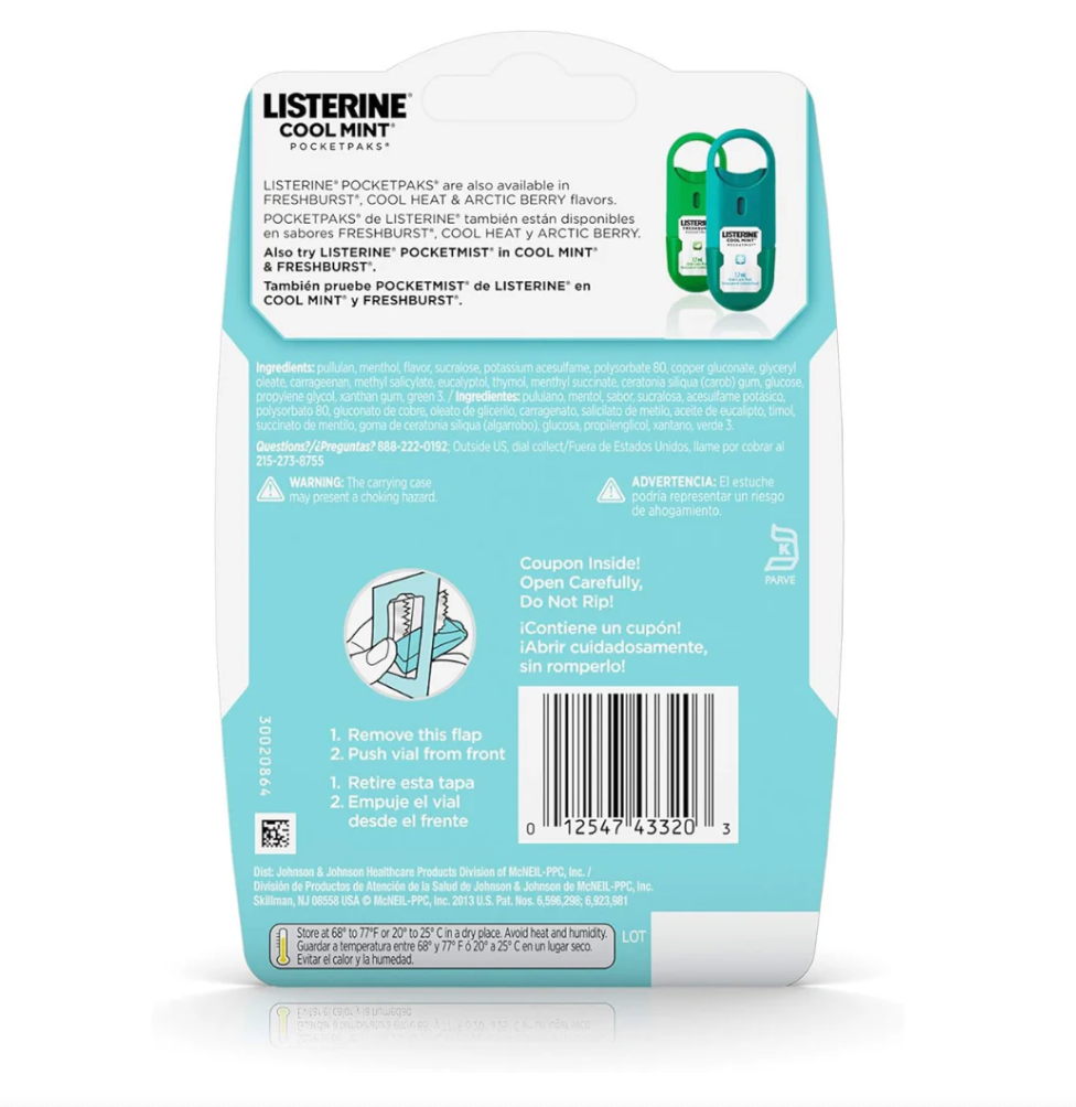 Listerine Cool Mint Pocketmist packaging on a white background. Purchase from americanbodycare.co.uk