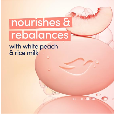 A peach-colored oval cosmetic bar with an embossed lips design, shown with a sliced peach and bubbles on a soft peach background. Text reads 'nourishes & rebalances with white peach & rice milk'. A box of Dove rebalancing soap bars with a pink bar of soap and peach illustration on the front, shown on a soft peach background with a few soap bubbles in the foreground. Purchase from www.americanbodycare.co.uk