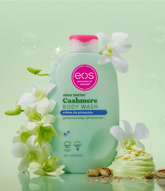 EOS pistachio Body Wash bottle with flowers on a light green background. purchase from www.americanbodycare.co.uk