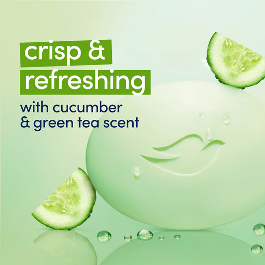 A pale mint-green oval soap bar with a bird emblem embossed on it, styled with cucumber slices and water droplets on a light green background. Text on the left reads 'crisp & refreshing with cucumber & green tea scent'. Dove Cool Moisture body bar packaging on a green background. purchase from www.americanbodycare.co.uk
