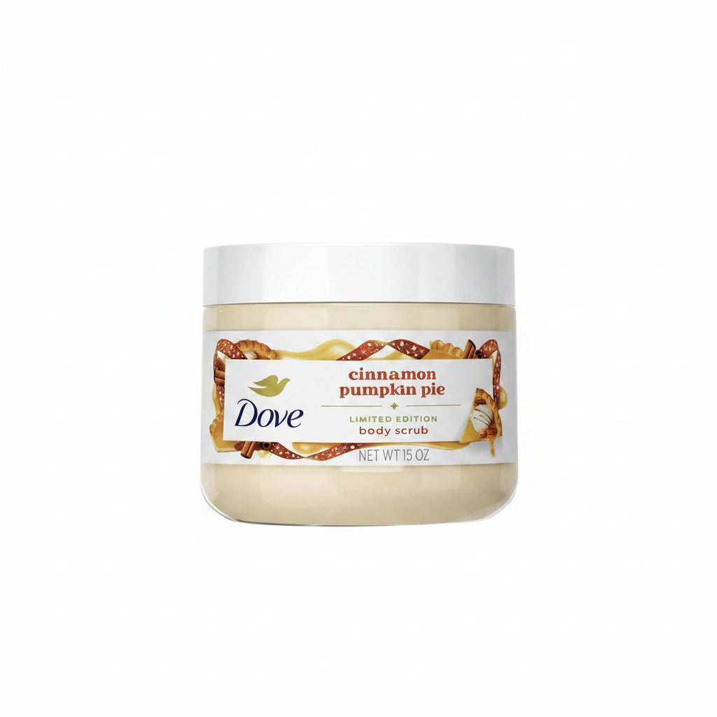 Dove cinnamon pumpkin pie body scrub jar on a white background. purchase from www.americanbodycare.co.uk
