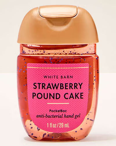 Hand sanitizer bottle with strawberry pound cake flavour on a white background. purchase from www.americanbodycare.co.uk