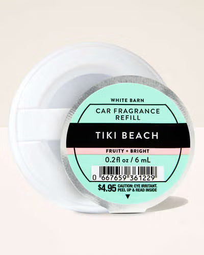 White Barn Tiki Beach car fragrance refill on a beige background. Purchase from www.americanbodycare.co.uk 