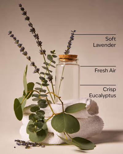 Glass diffuser with lavender and eucalyptus next to a towel on a beige background. Purchase from www.americanbodycare.co.uk 