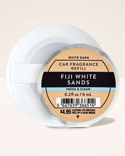 Car fragrance refill container labeled 'Fiji White Sands' on a beige . Purchase from www.americanbodycare.co.uk background