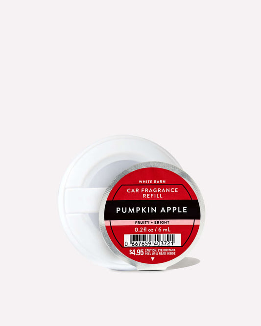 A single White Barn Car Fragrance Refill in the Pumpkin Apple scent, shown in its clear plastic container with a red and black label, on a light gray background. purchase from www.americanbodycare.co.uk