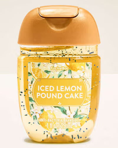 Hand sanitizer bottle with 'ICED LEMON POUND CAKE' flavour on a light background. purchase from www.americanbodycare.co.uk