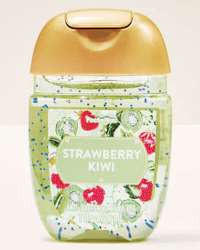 Hand sanitizer bottle with strawberry kiwi design on a beige background. purchase from www.americanbodycare.co.uk