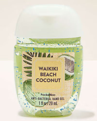 Waikiki Beach Coconut hand gel bottle on a white background. Purchase from americanbodycare.co.uk 