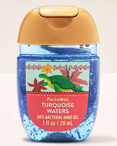 Hand sanitizer bottle with a turtle design on the label against a beige background. Purchase from americanbodycare.co.uk 