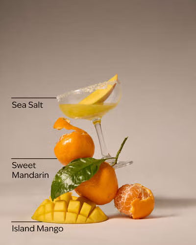 Fruit components of a cocktail with text labels on a neutral background. Purchase from americanbodycare.co.uk 