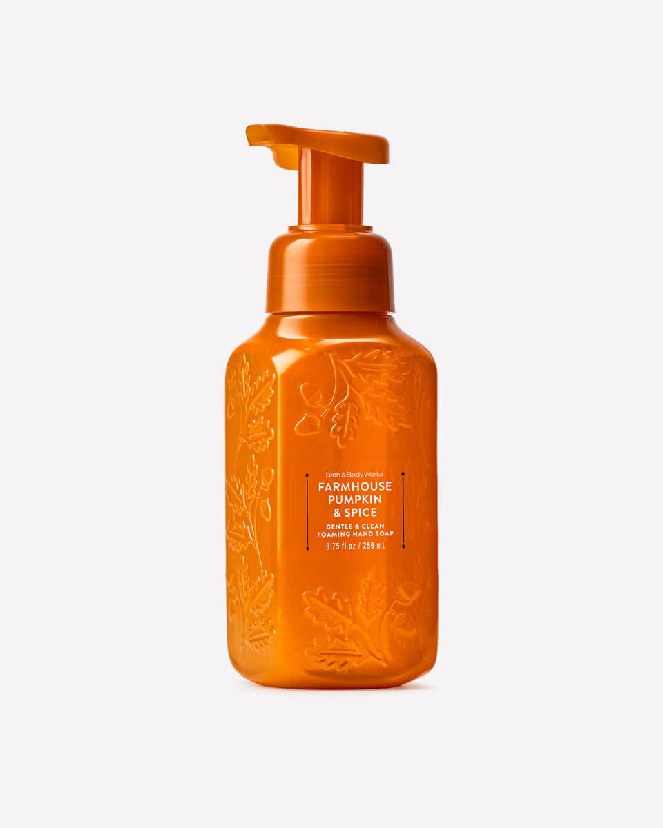 An orange pump bottle of Bath & Body Works Farmhouse Pumpkin & Spice hand wash, shown on a clean white background. purchase from www.americanbodycare.co.uk