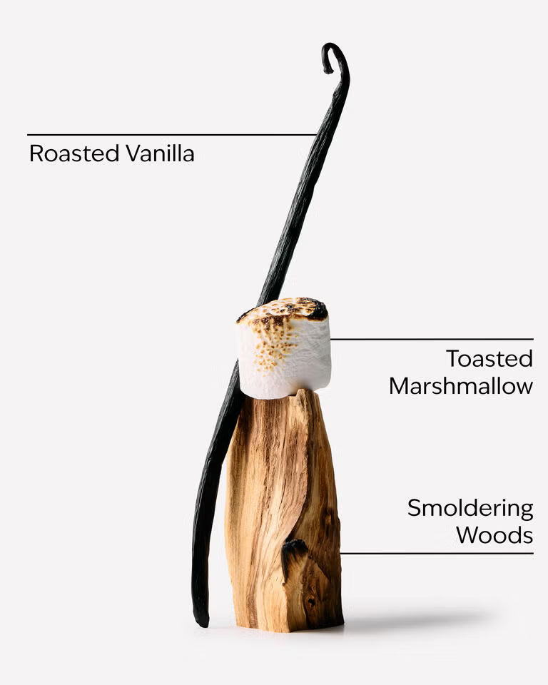 A product display featuring a vanilla bean pod, a toasted marshmallow, and a piece of wood with printed labels reading 'Roasted Vanilla,' 'Toasted Marshmallow,' and 'Smoldering Woods' on a light gray background. Purchase from www.americanbodycare.co.uk 