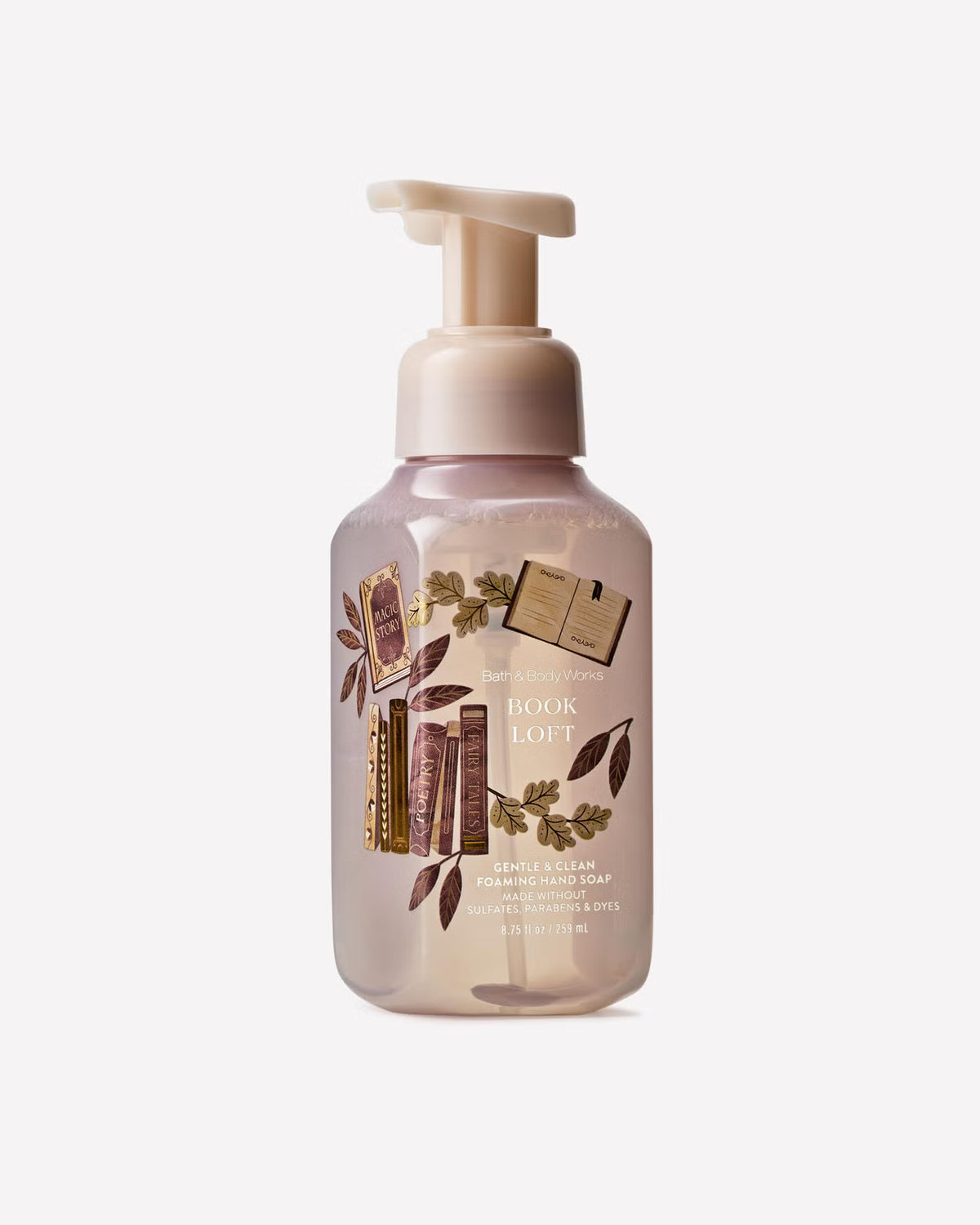 A frosted pump bottle of Bath & Body Works Book Lottie hand soap and hand wash, featuring a beige pump and a label decorated with vintage books, leaves, and small illustrations, on a light gray background. purchase from www.americanbodycare.co.uk