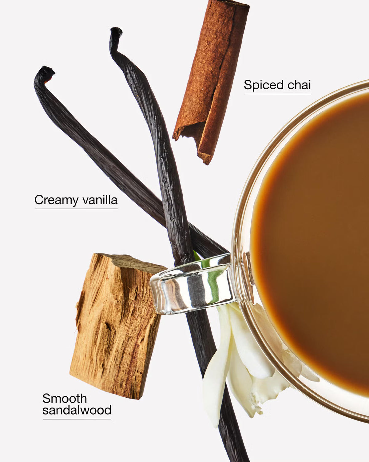 Vanilla beans, a cinnamon stick, a piece of cinnamon bark, and white blossoms arranged beside a glass cup filled with a warm brown beverage on a light gray background. Purchase from www.americanbodycare.co.uk
