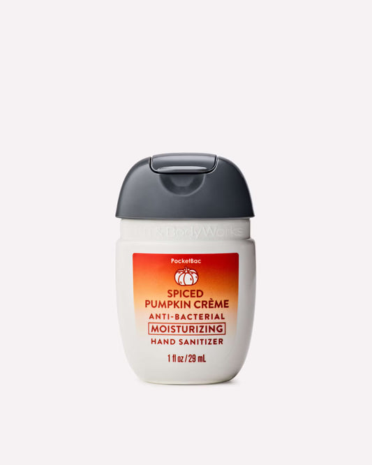 Pocket Rac Spiced Pumpkin Crème hand sanitizer in a white pump bottle with a dark gray cap and an orange-red label, shot on a light gray background. purchase from www.americanbodycare.co.uk