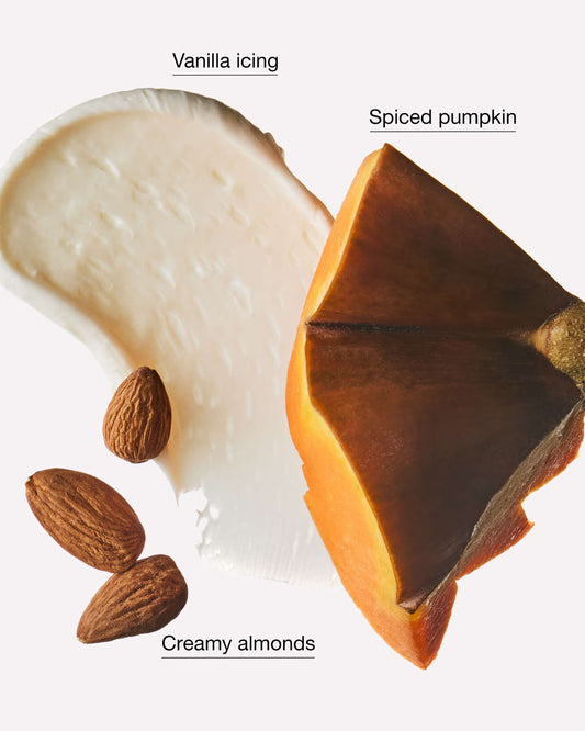 Ingredients for a vegan dessert or spread: a swirl of vanilla icing, a slice of spiced pumpkin, and three creamy almonds on a white background with text labels. Pocket Rac Spiced Pumpkin Crème hand sanitizer in a white pump bottle with a dark gray cap and an orange-red label, shot on a light gray background. purchase from www.americanbodycare.co.uk