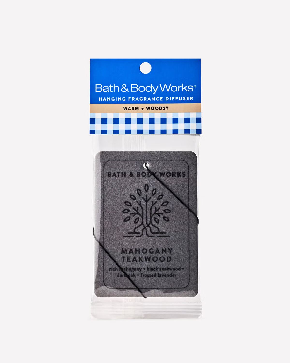 Bath & Body Works Mahogany Teakwood hanging fragrance diffuser in its original retail packaging, featuring a dark charcoal diffuser card with a tree logo and a blue and white checkered header card. Purchase from www.americanbodycare.co.uk