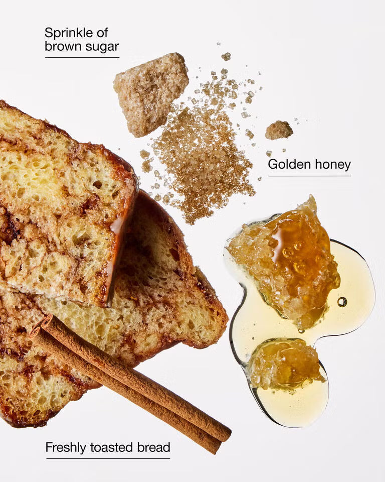 Two slices of freshly toasted bread with cinnamon sticks, brown sugar, golden honey, and a sprinkle of brown sugar on a white background with text labels. Purchase from www.americanbodycare.co.uk 