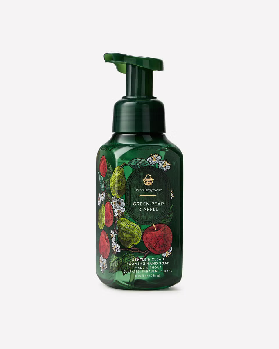 A dark green pump bottle of Bath & Body Works Green Pear & Apple hand soap with illustrations of pears and apples on the front, set against a light gray background. purchase from www.americanbodycare.co.uk