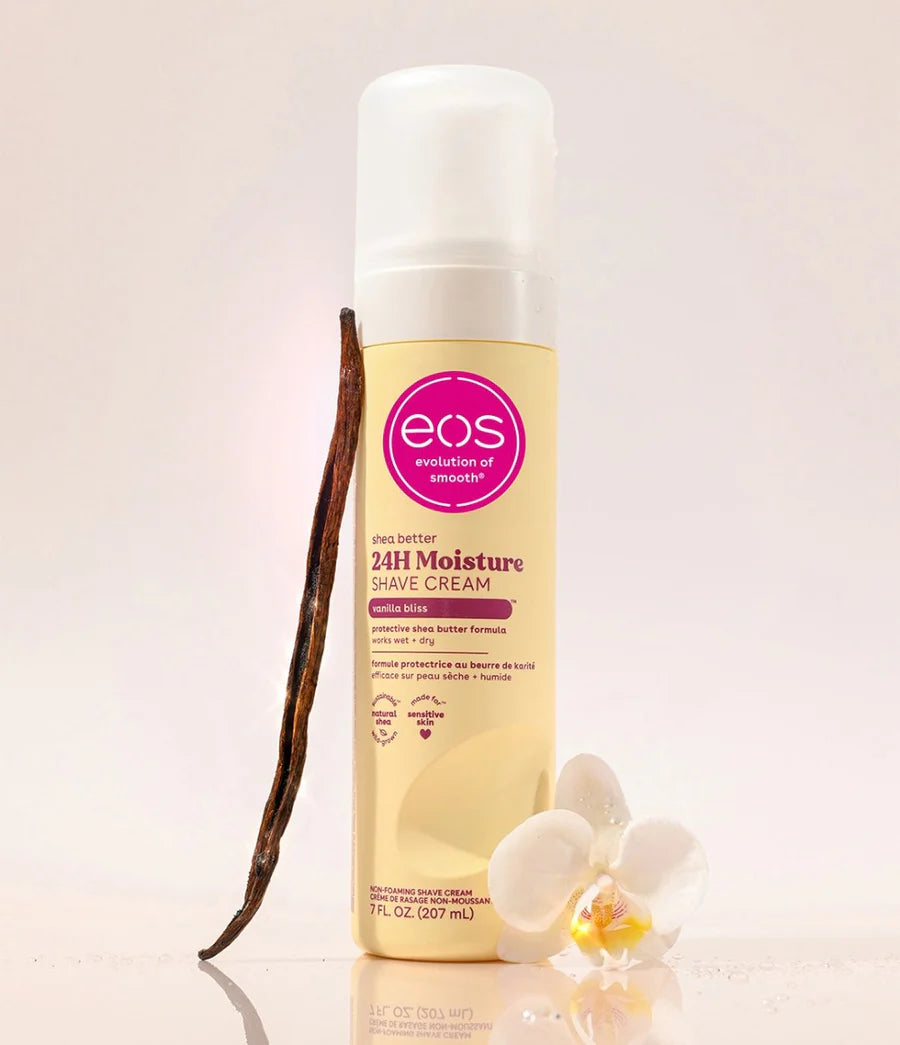 EOS 24H Moisture Shave Cream bottle with vanilla bean and orchid on a light background. Purchase from americanbodycare.co.uk 
