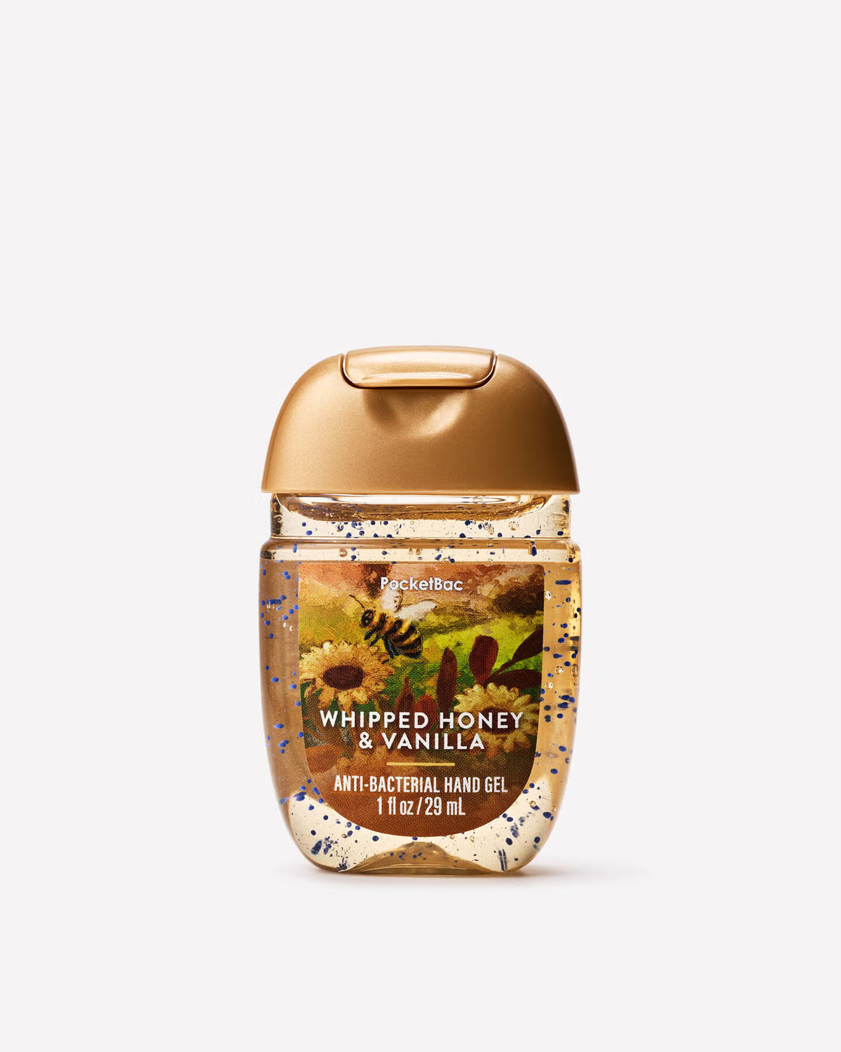 A bottle of KettleBacs Whipped Honey & Vanilla anti-bacterial hand gel, featuring a metallic gold cap and a label with sunflower and bee illustrations, set against a plain white background. purchase from www.americanbodycare.co.uk