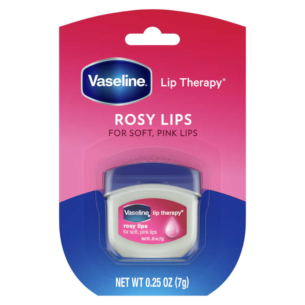 Vaseline Lip Therapy Rosy Lips packaging on a white background. Purchase from americanbodycare.co.uk