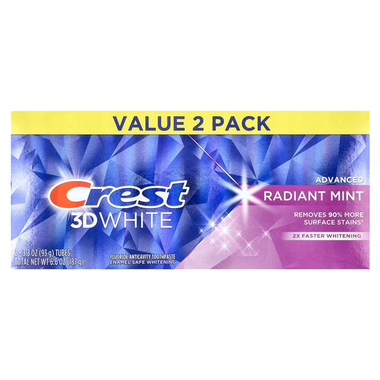 Crest 3D White Radiant Mint toothpaste value pack on a white background. Purchase from www.americanbodycare.co.uk 