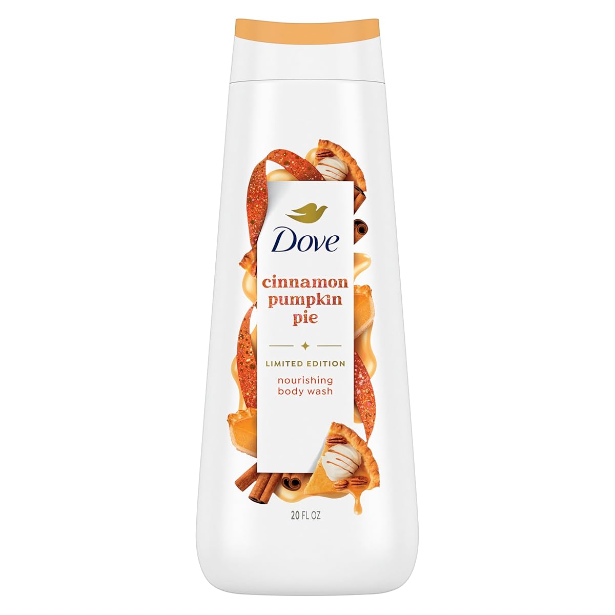 Dove Cinnamon Pumpkin Pie body wash bottle on a white background. Purchase from americanbodycare.co.uk