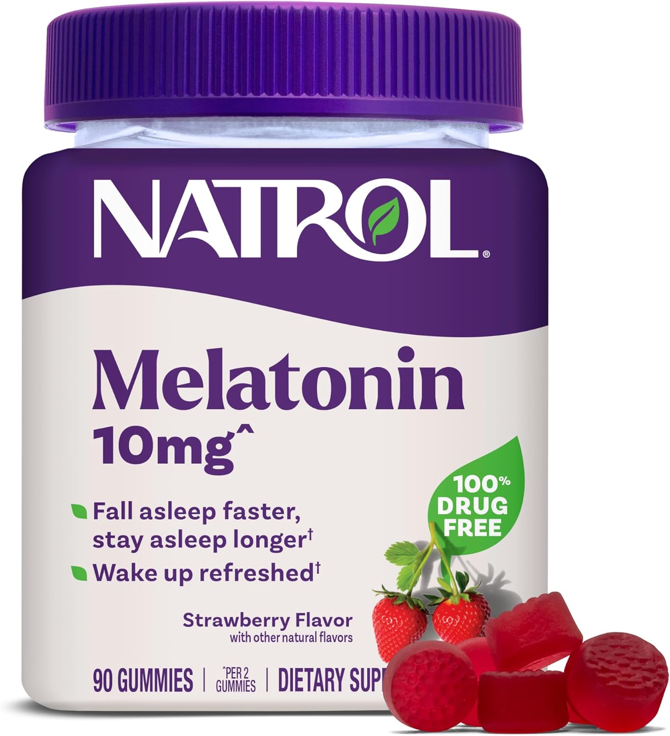 NATROL Melatonin supplement bottle with gummies on a white background. purchase from www.americanbodycare.co.uk