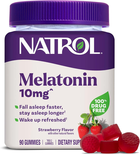 NATROL Melatonin supplement bottle with gummies on a white background. purchase from www.americanbodycare.co.uk