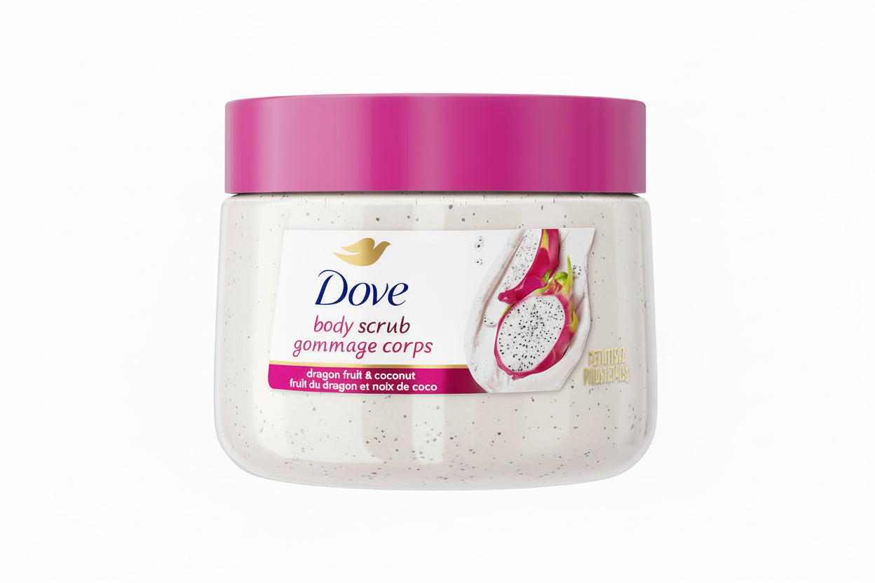 Dove body scrub jar with pink lid on a white background. Purchase from americanbodycare.co.uk