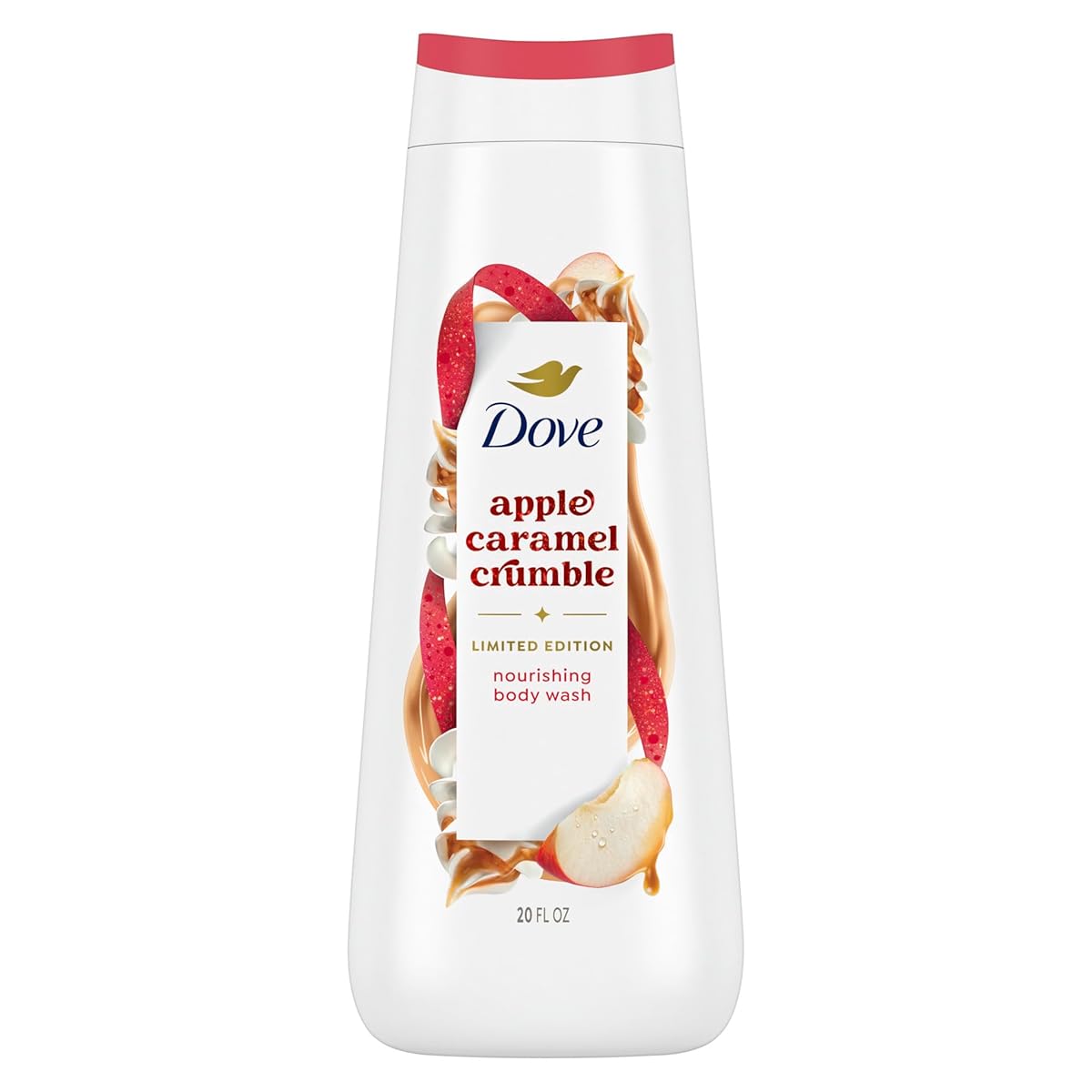 Dove Apple Caramel Crumble body wash bottle on a white background. Purchase from americanbodycare.co.uk