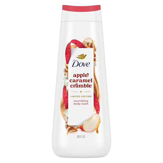 Dove Apple Caramel Crumble body wash bottle on a white background. Purchase from americanbodycare.co.uk