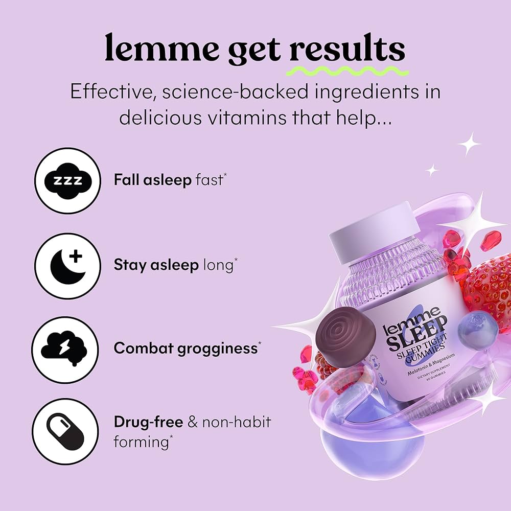 Promotional graphic for 'lemme SLEEP' vitamins with text and product image on a purple background. purchase from www.americanbodycare.co.uk
